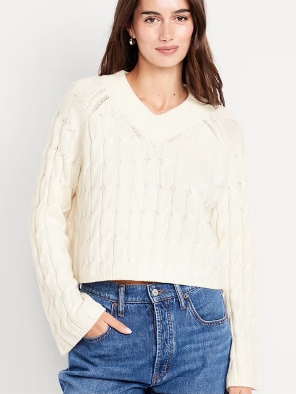 NWT - Old Navy Wool-Blend V-Neck Cable Cropped "Creme de la Creme" Sweater - XL